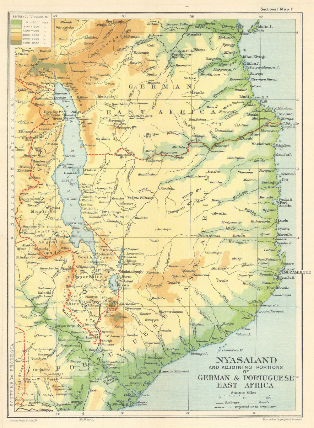 Nyasaland German/Portuguese East Africa. Mozambique Malawi SAMLER BROWN 1914 map