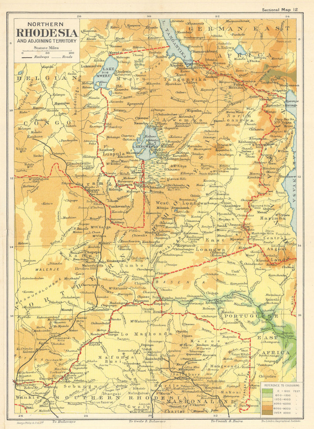 Northern Rhodesia & Adjoining Territory. Zambia. SAMLER BROWN 1914 old map