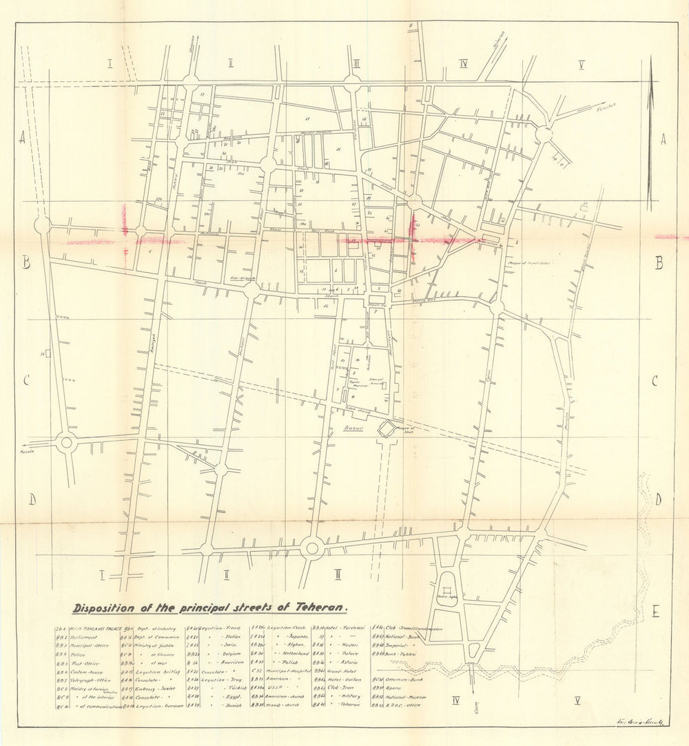 Disposition of the Principal Streets of Teheran. Tehran city plan 1935 old map