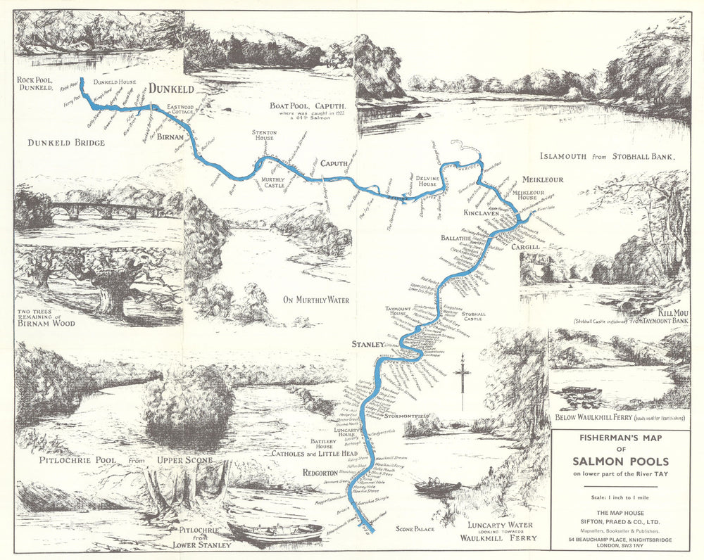 Fisherman's Map of Salmon Pools on lower River Tay by Maude Parker 1974