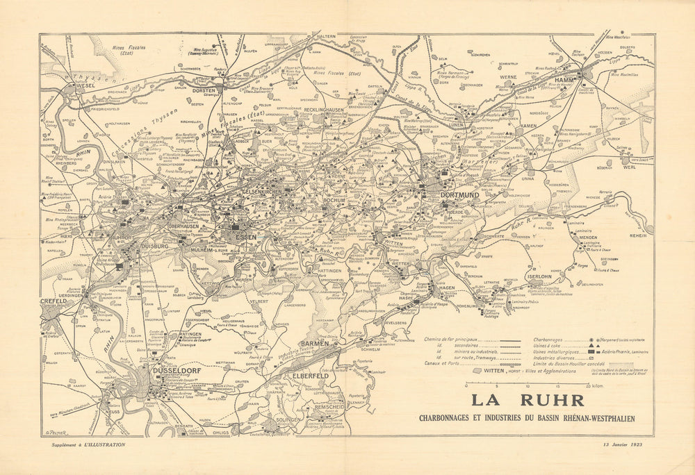 La Ruhr – Charbonnages et Industries. French occupation map. 13 January 1923