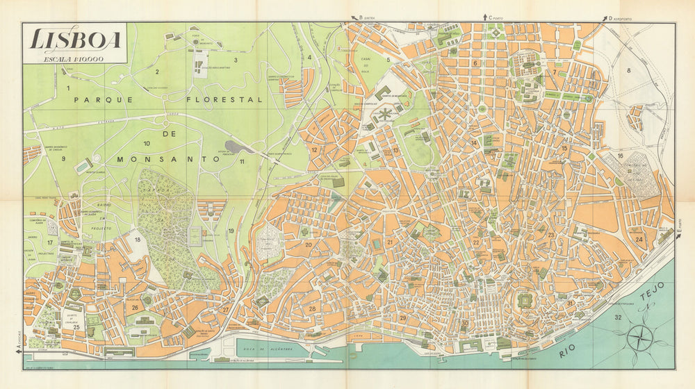 Lisboa. Large city plan of Lisbon by Antonio Saores c1954 old vintage map