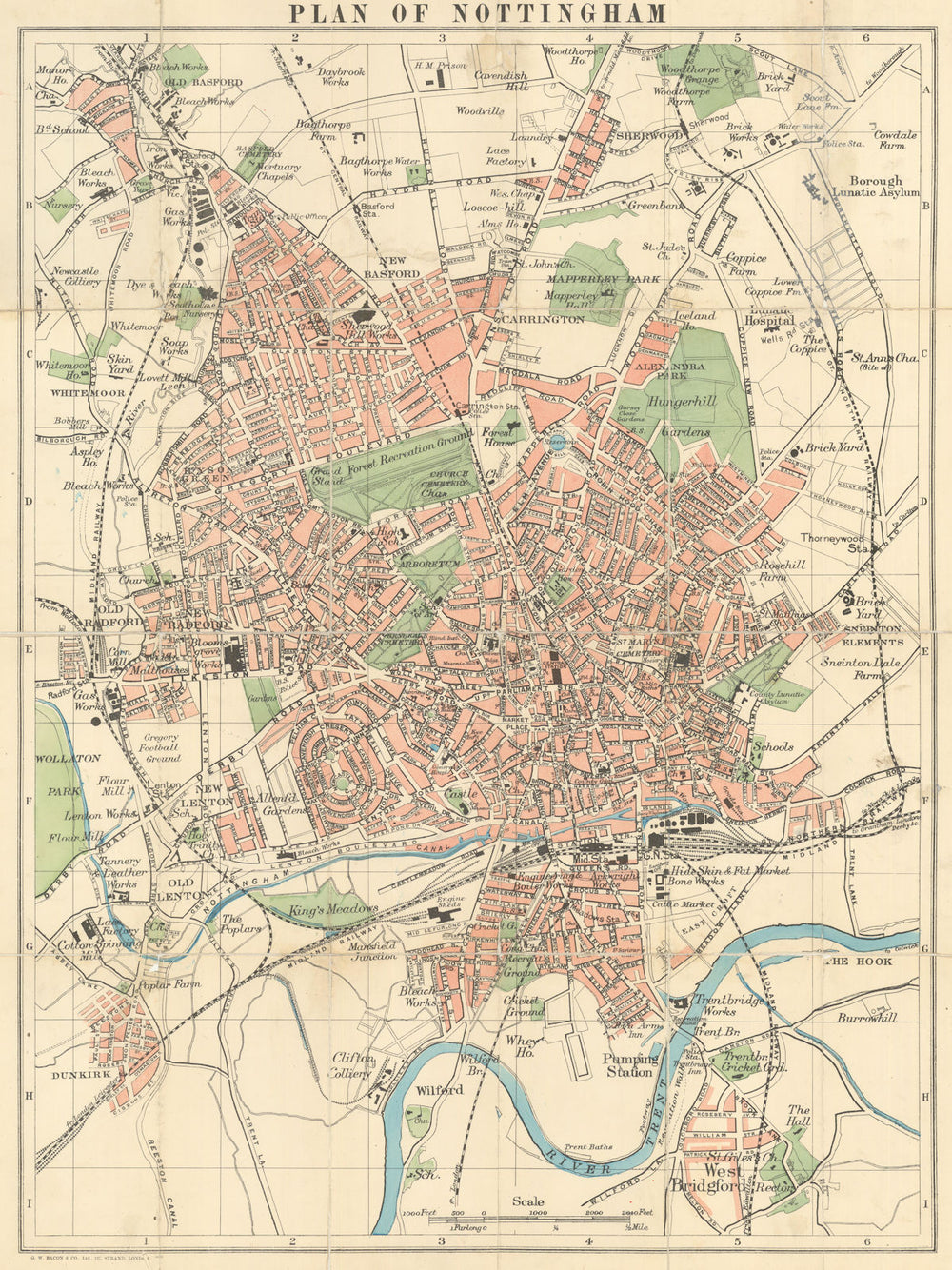 Bacon's Large Scale Plan of Nottingham c1897 old antique map chart