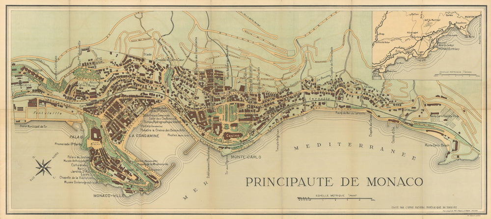 Principauté de Monaco. l’Office National Monégasque du Tourisme 1943 old map
