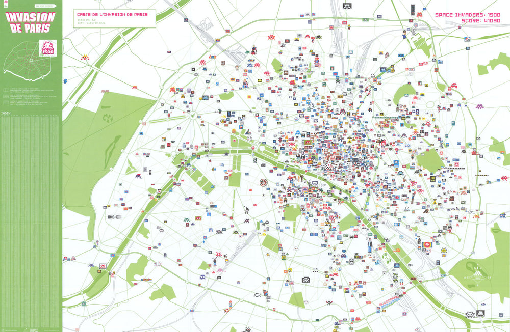 Carte de l'Invasion de Paris. Street artist Invader Map 28 mosaic locations 2024