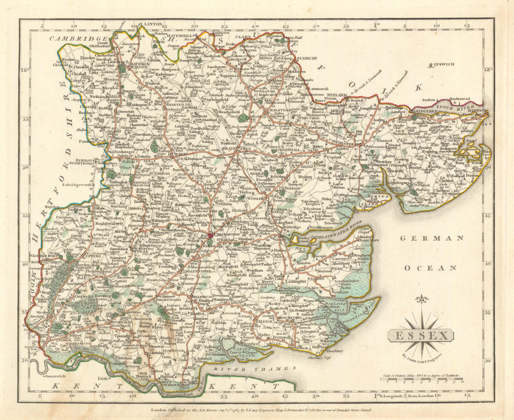 Antique county map of ESSEX by JOHN CARY. Original outline colour 1787 old