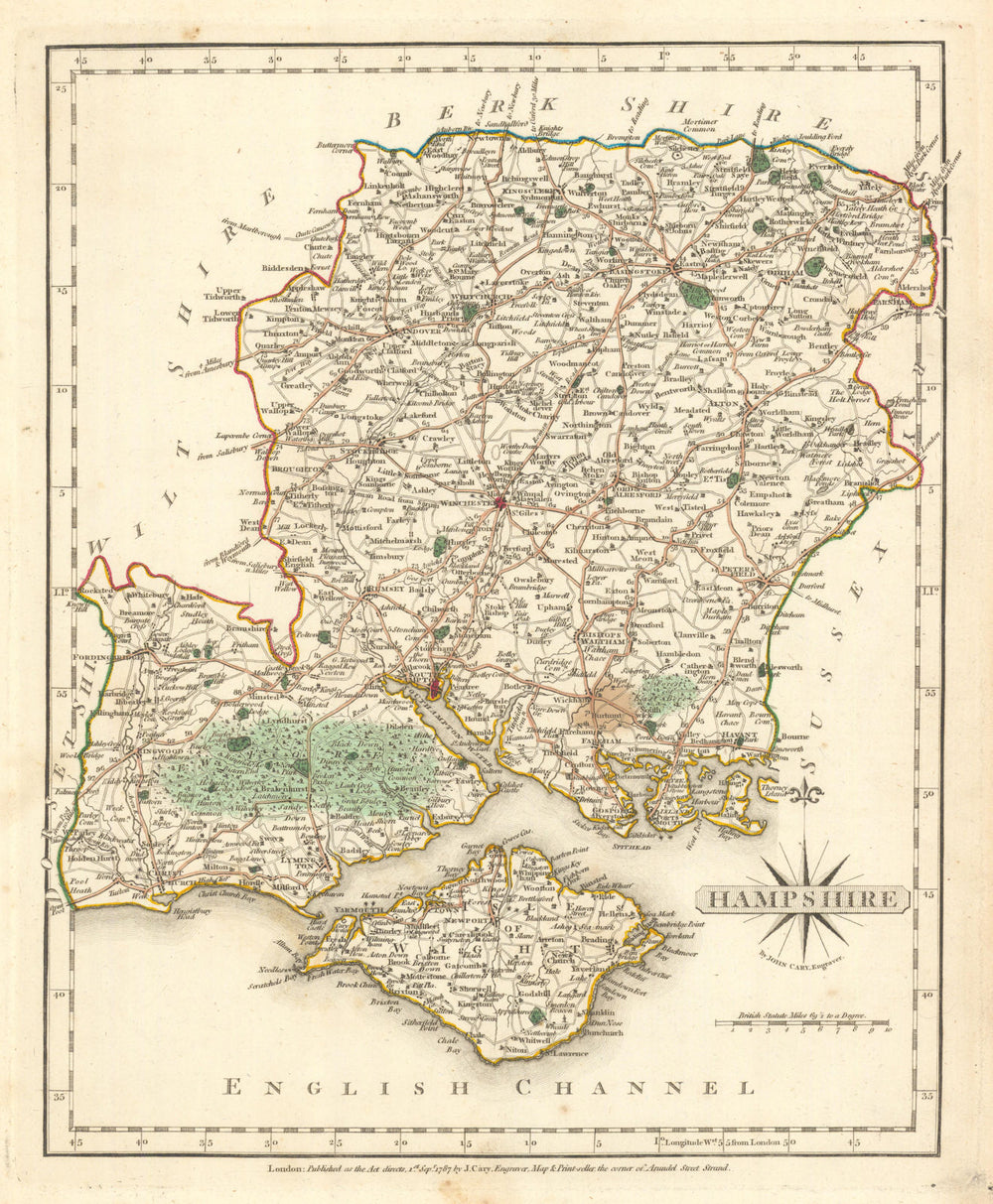 Antique county map of HAMPSHIRE by JOHN CARY. Original outline colour 1787