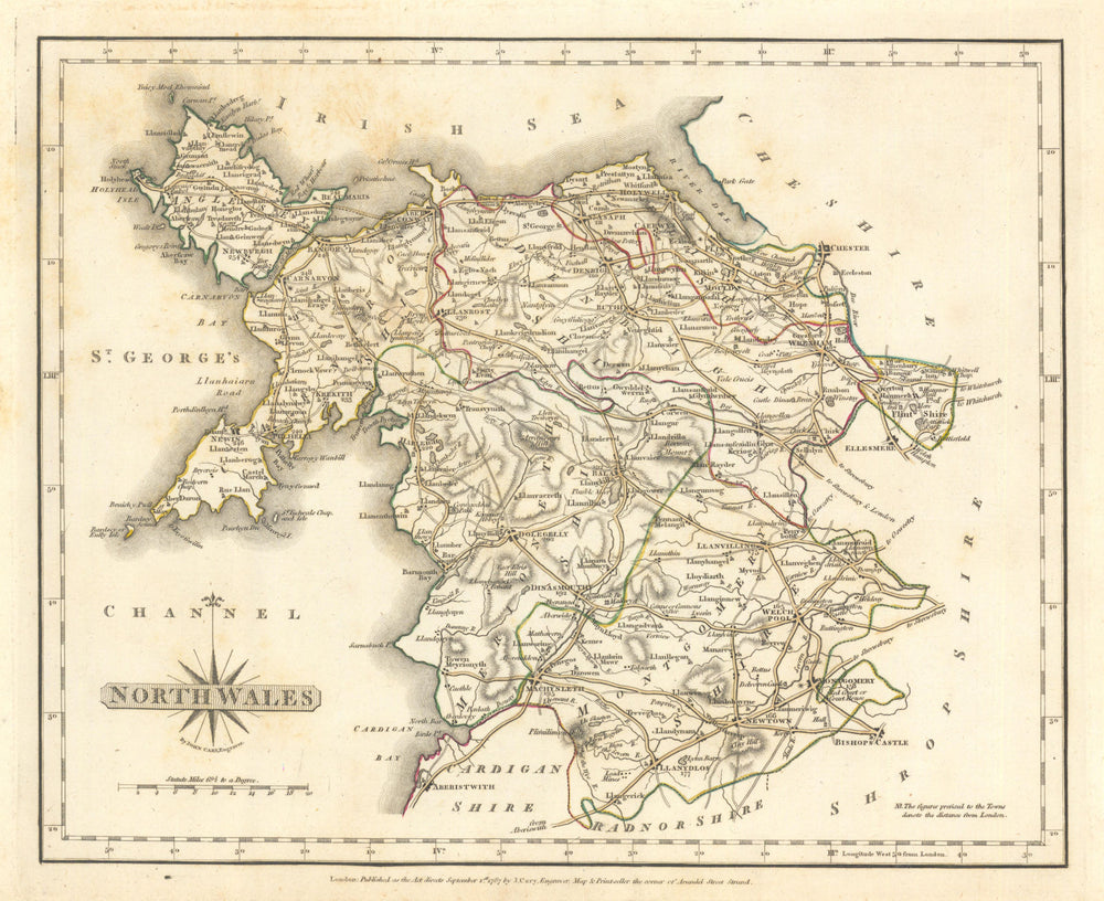 Antique map of NORTH WALES by JOHN CARY. Original outline colour 1787 old