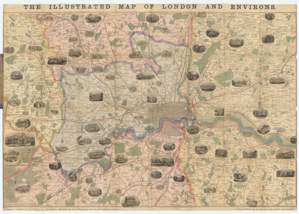 The Illustrated Map of London and Suburbs by John Dower. Pictorial map c1857