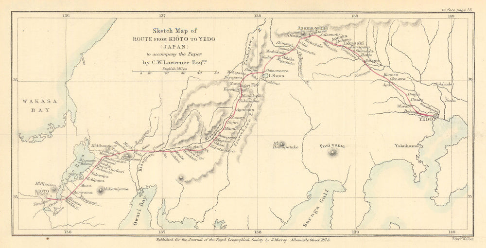 Route from Kioto to Yedo (Kyoto to Tokyo). C.W. Lawrence / RGS 1873 old map