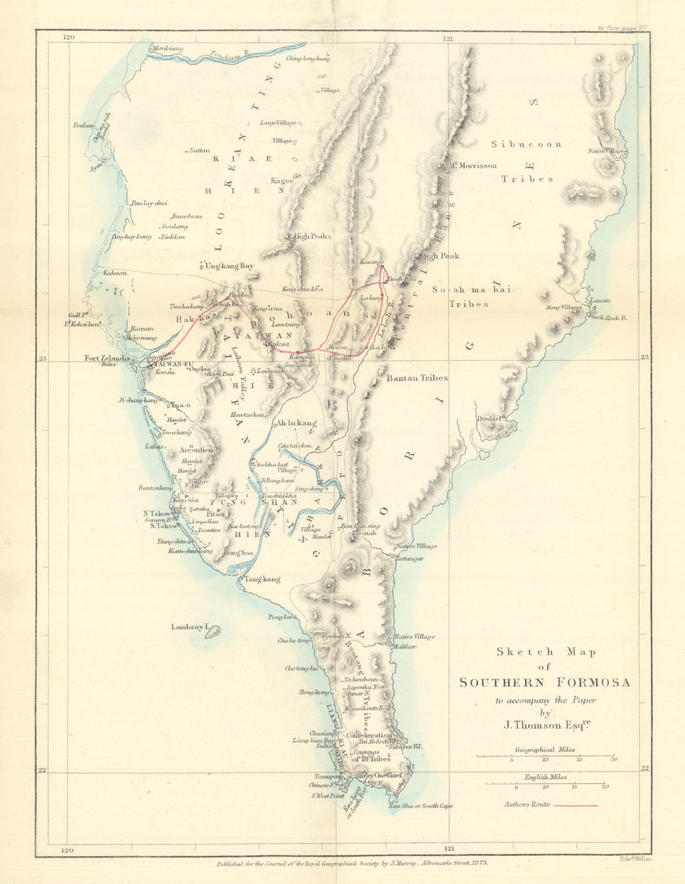 Sketch Map of Southern Formosa by John Thomson. Taiwan / RGS 1873 old