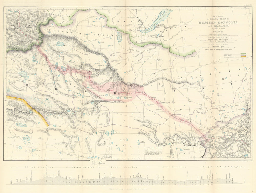 Journey through Western Mongolia by Ney Elias Jr. RGS 1873 old antique map