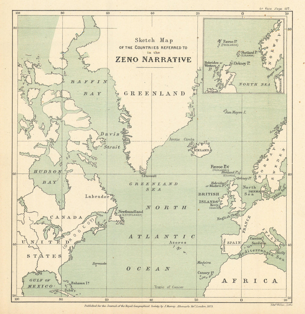 Zeno Narrative map. Pre-Columbian discovery of America. Estotiland Drogeo 1873