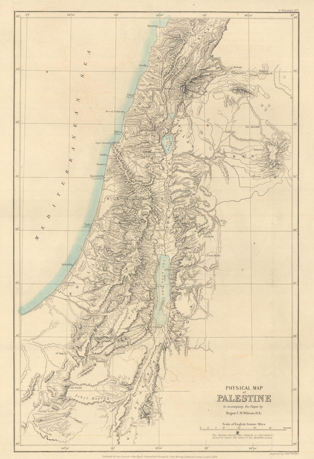 Physical Map of Palestine by Major Charles William Wilson. Israel. RGS 1873