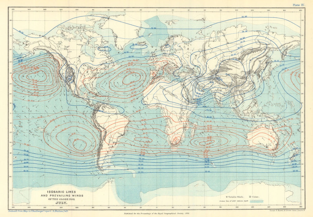 Isobaric Lines & Prevailing Winds of the Globe for July. Buchan / RGS 1891 map