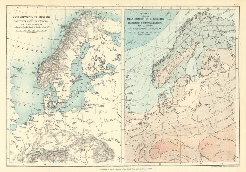 North Central Europe Atmospheric Pressure January. Berghaus/RGS 1891 old map