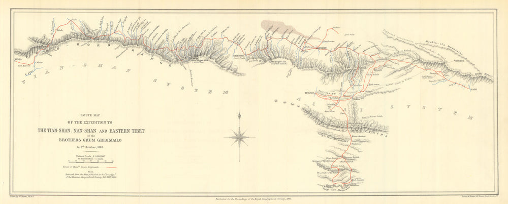 Tian-Shan, Nan-Shan & Eastern Tibet Grum-Grshimailo 1889 expedition RGS 1891 map