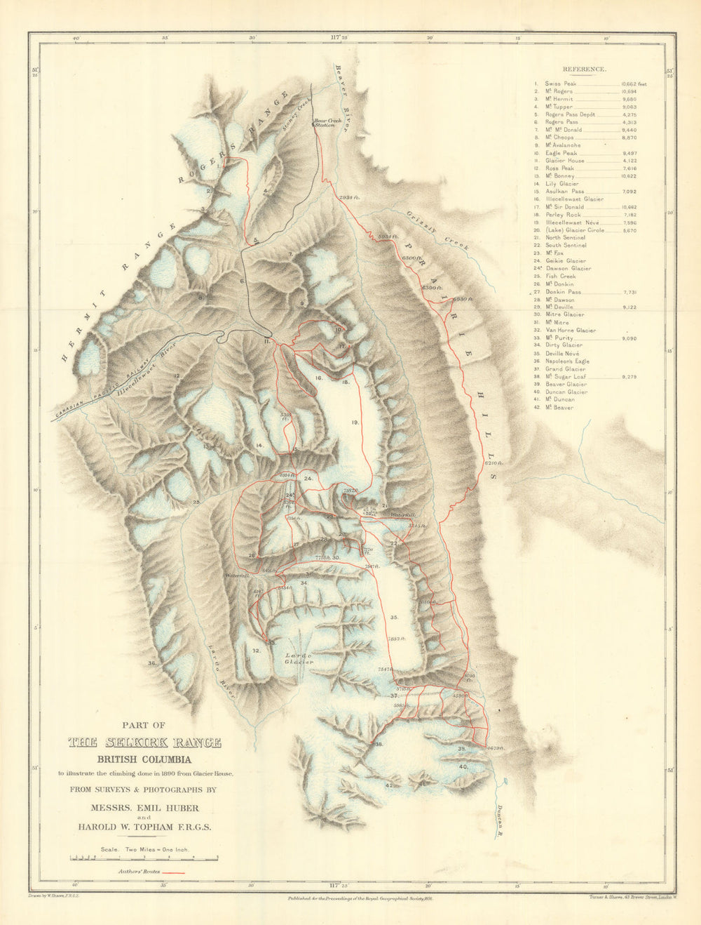 Selkirk Range British Columbia 1890 Glacier House climbs. Huber/Topham 1891 map