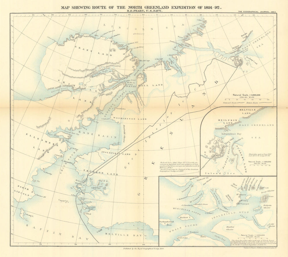 Robert Peary's 1891-2 North Greenland Expedition route. RGS 1893 old map