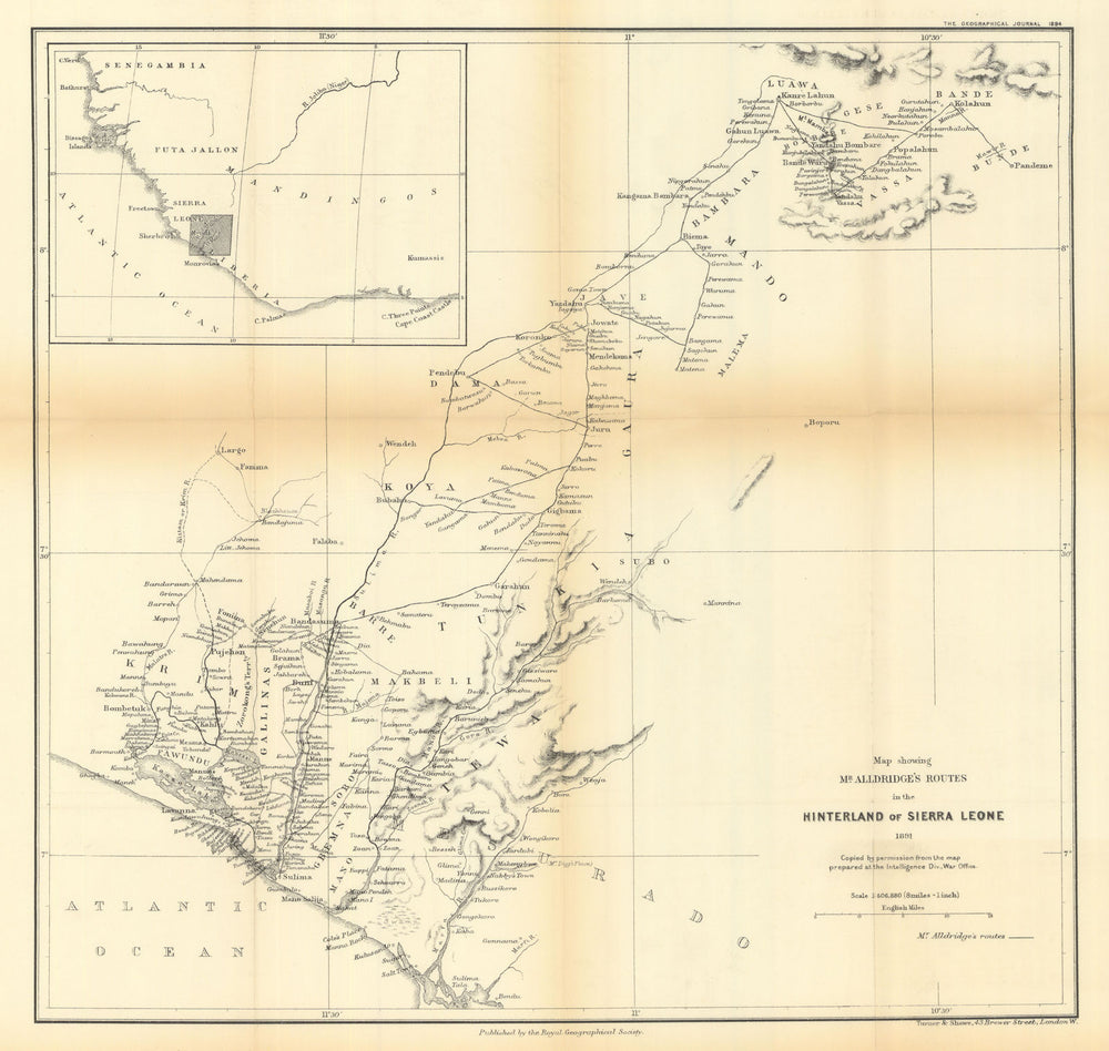 Thomas Alldridge's Routes in the Sierra Leone hinterland in 1891. RGS 1894 map