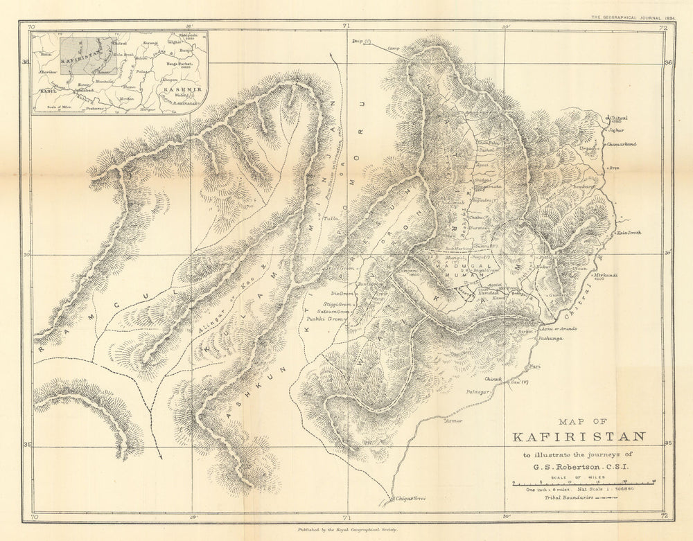 Map of Kafiristan to illustrate George Scott Robertson's journeys. RGS 1894