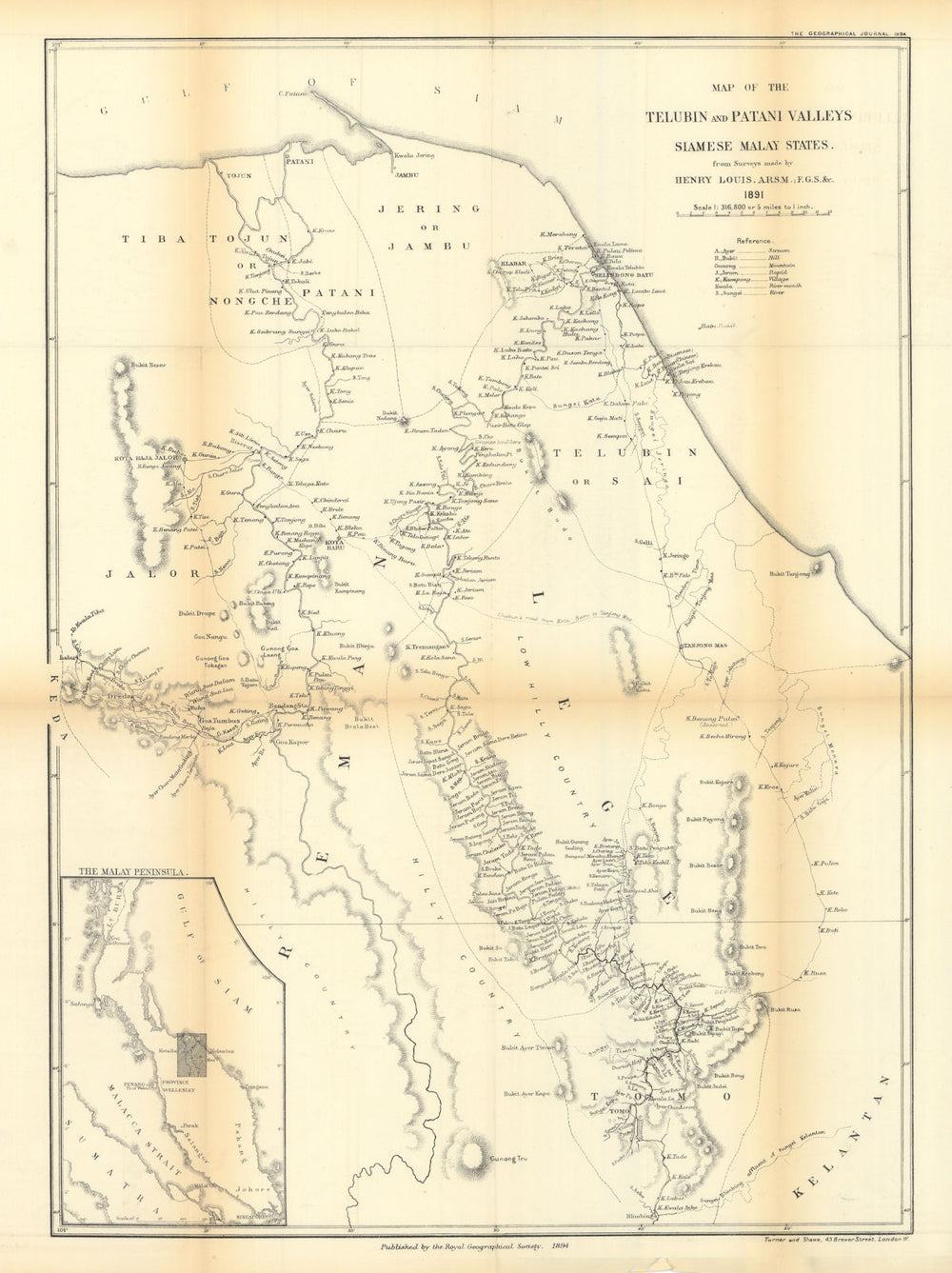 Telubin & Patani Valleys in the Siamese Malay States by Henry Louis/RGS 1894 map
