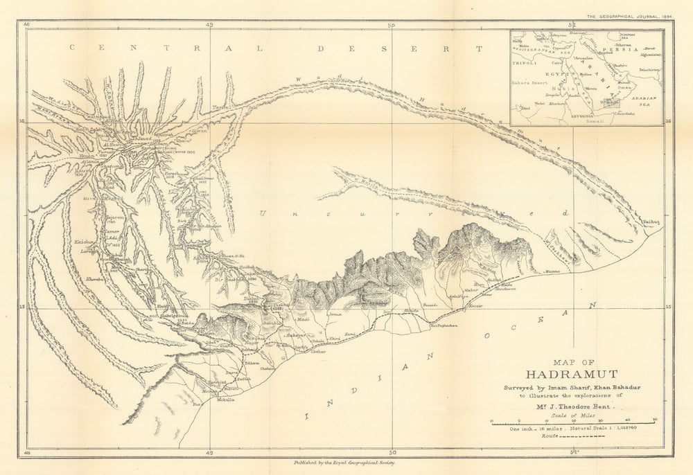 Hadramut surveyed by Imam Sharif, Khan Bahadur. James Theodore Bent/RGS 1894 map