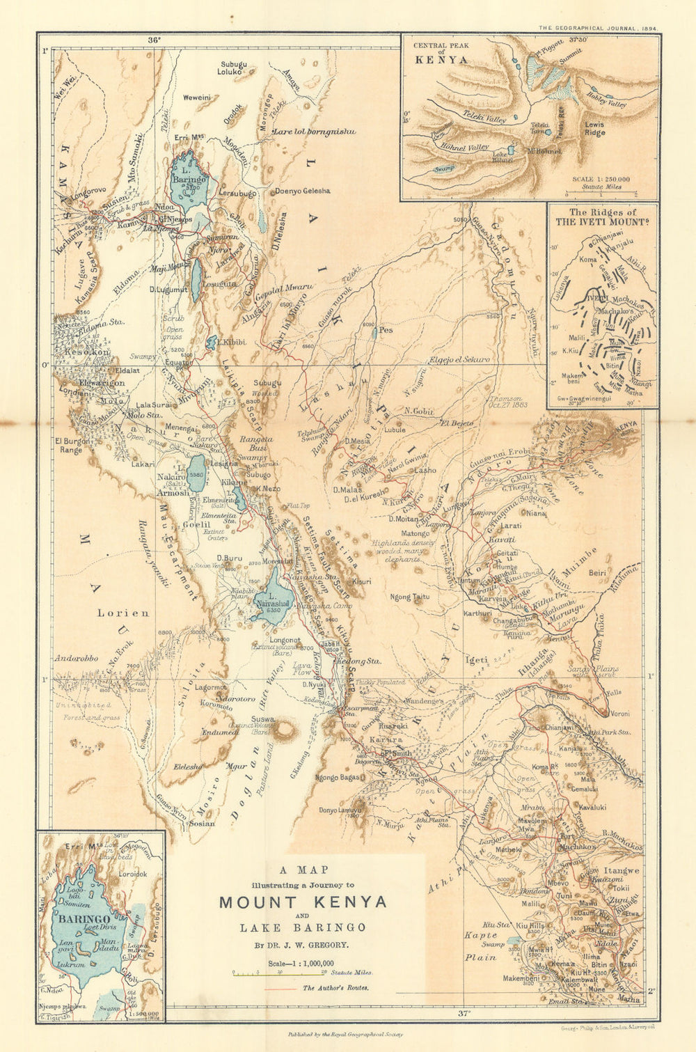 A journey to Mount Kenya & Lake Baringo by John Walter Gregory. RGS 1894 map