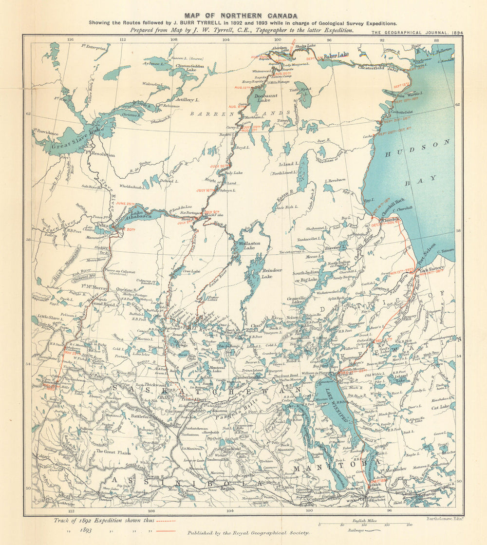 Northern Canada showing Joseph Burr Tyrrell's 1892-93 routes. RGS 1894 old map