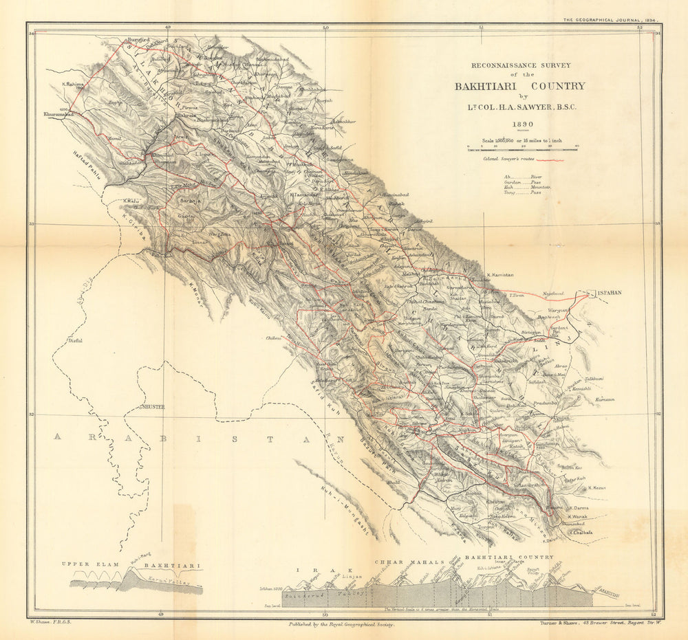 1890 Bakhtiari Country Reconnaissance Survey. Lt-Col. H.A. Sawyer. RGS 1894 map