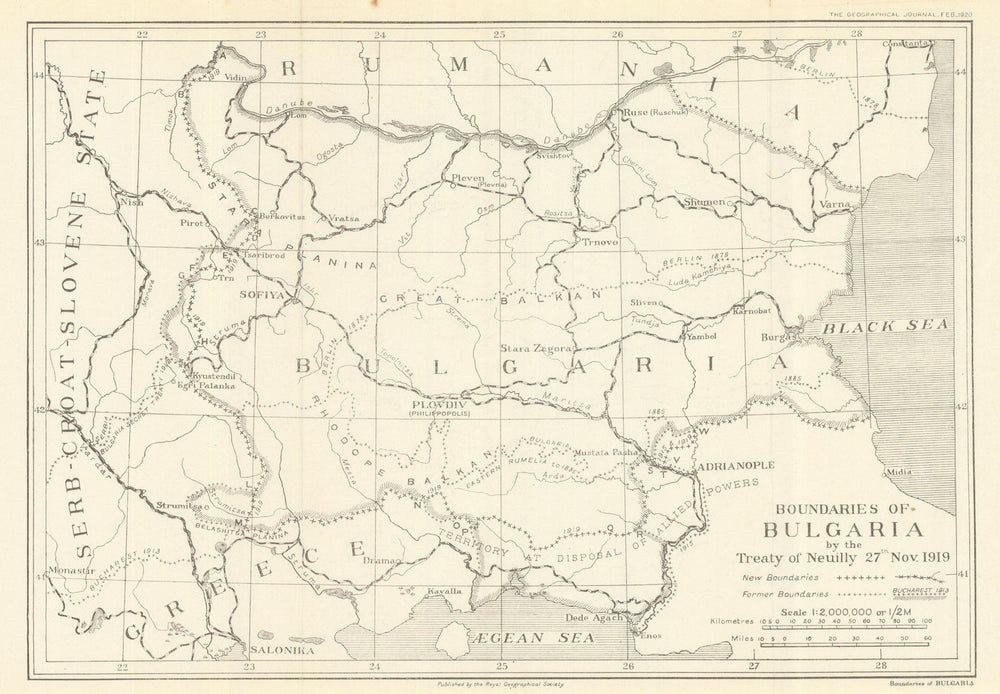 Boundaries of Bulgaria by the Treaty of Neuilly, 27 November 1919. RGS 1920 map