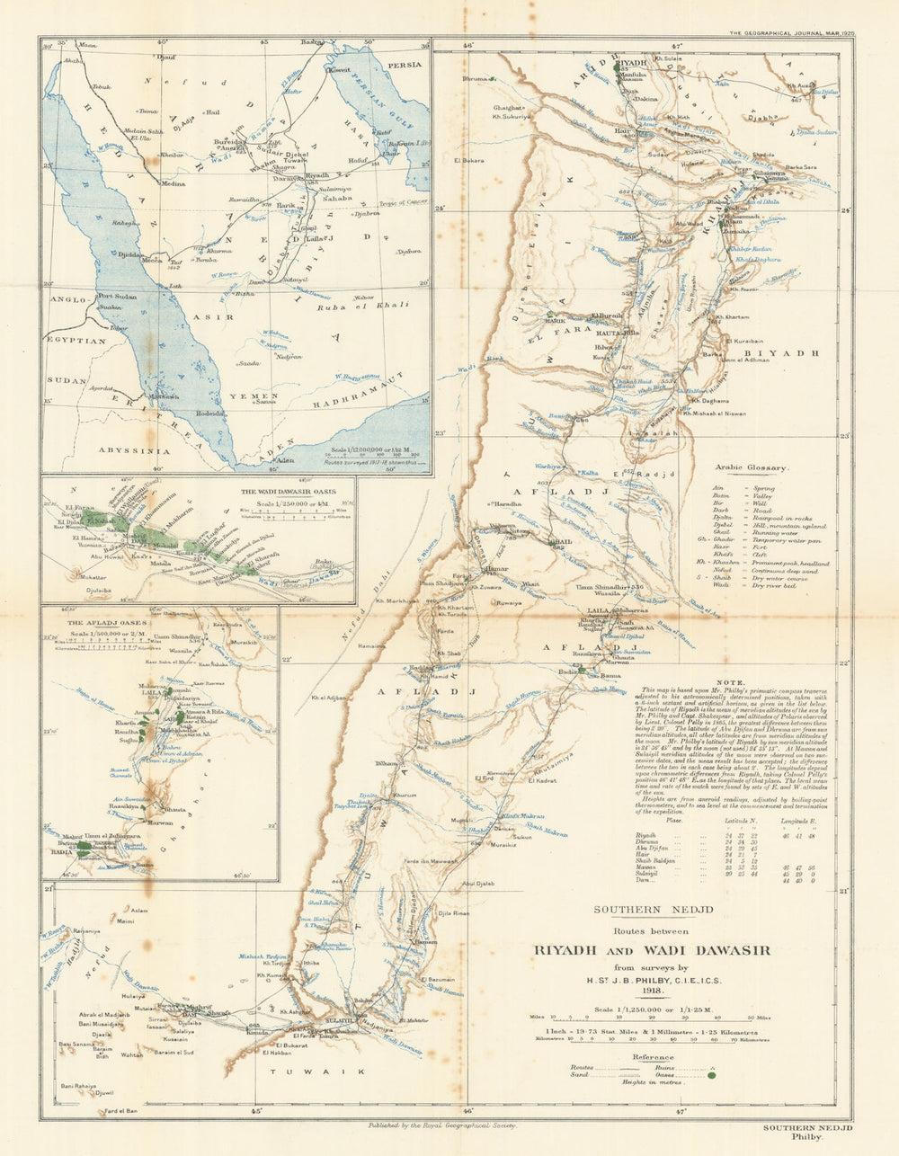 Southern Nejd: Routes from Riyadh & Wadi Dawasir. St. John Philby. RGS 1920 map
