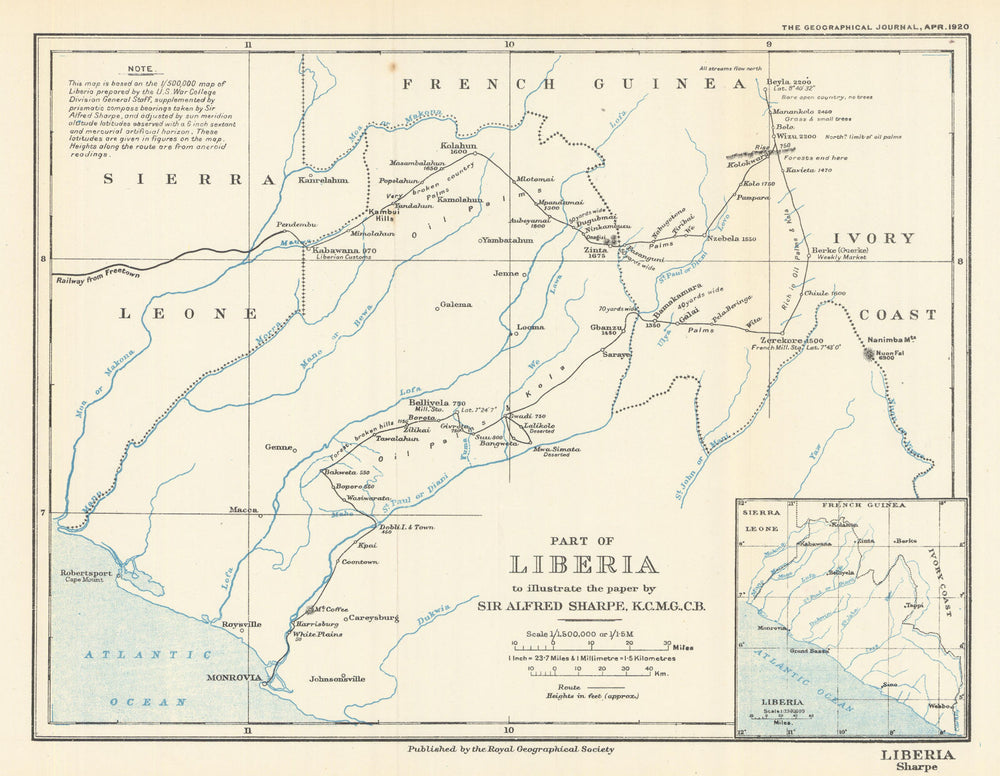 Part of Liberia to illustrate the paper by Sir Alfred Sharpe. RGS 1920 old map