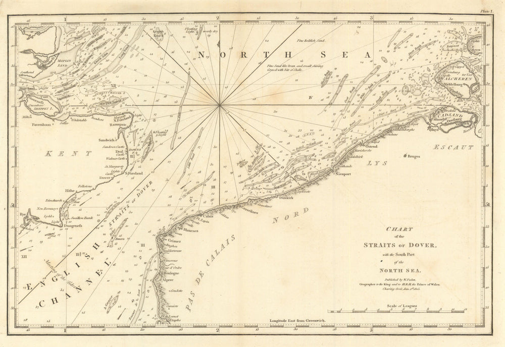 Chart of the Straits of Dover & the South Part of the North Sea. Faden 1805 map