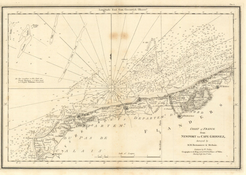 Coast of France from Newport to Cape Grisnez. Calais Dunkirk. Faden 1805 map