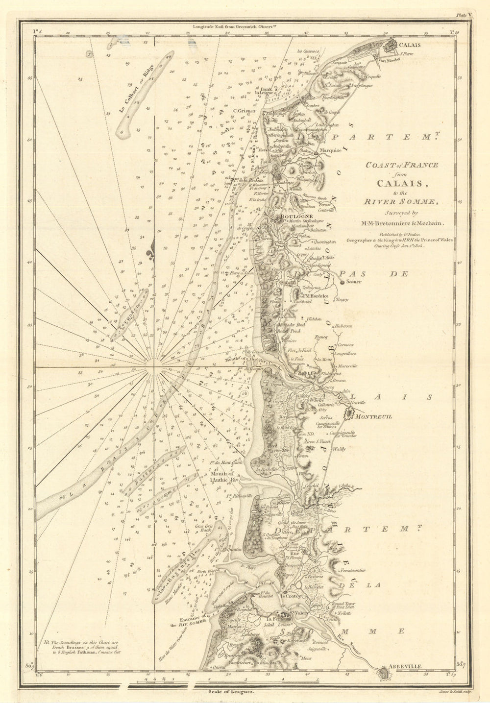 Coast of France — Calais to the River Somme. Boulogne Abbeville. Faden 1805 map