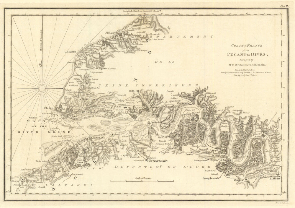 Coast of France from Fécamp to Dives. Seine-Maritime Eure Havre. Faden 1805 map