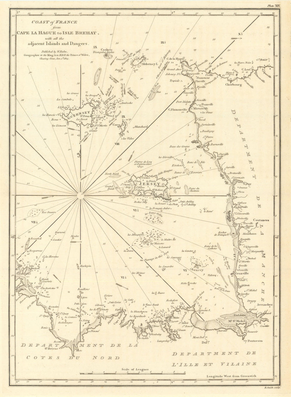 Coast of France — Cape La Hague to Isle Bréhat & Channel Islands. Faden 1805 map