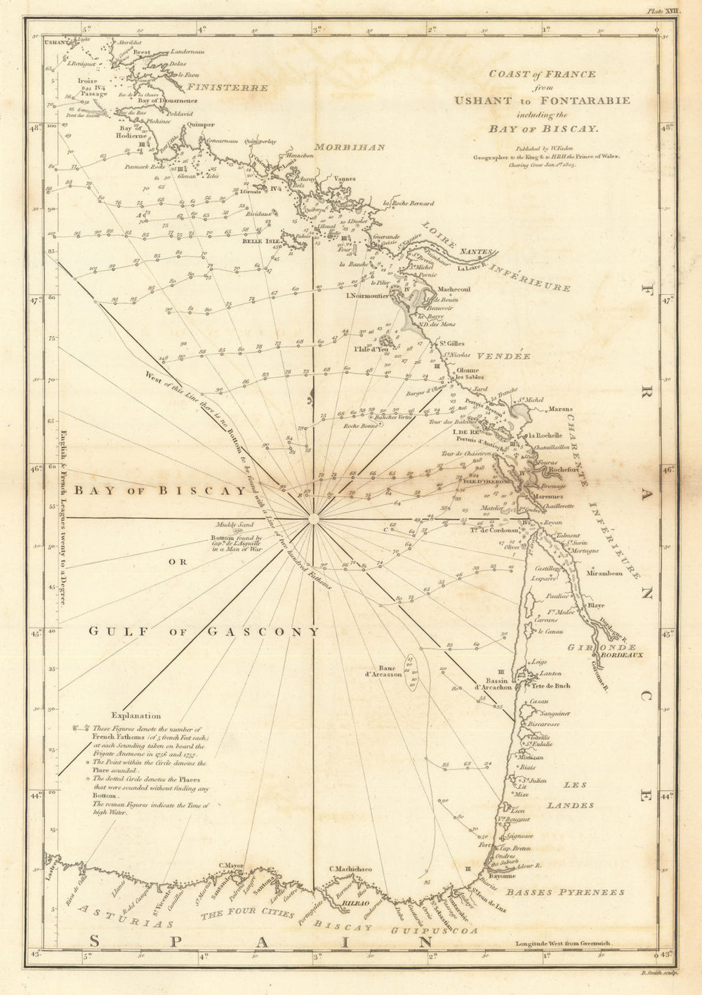 Coast of France—Ushant to Fontarabie including the Bay of Biscay. Faden 1805 map