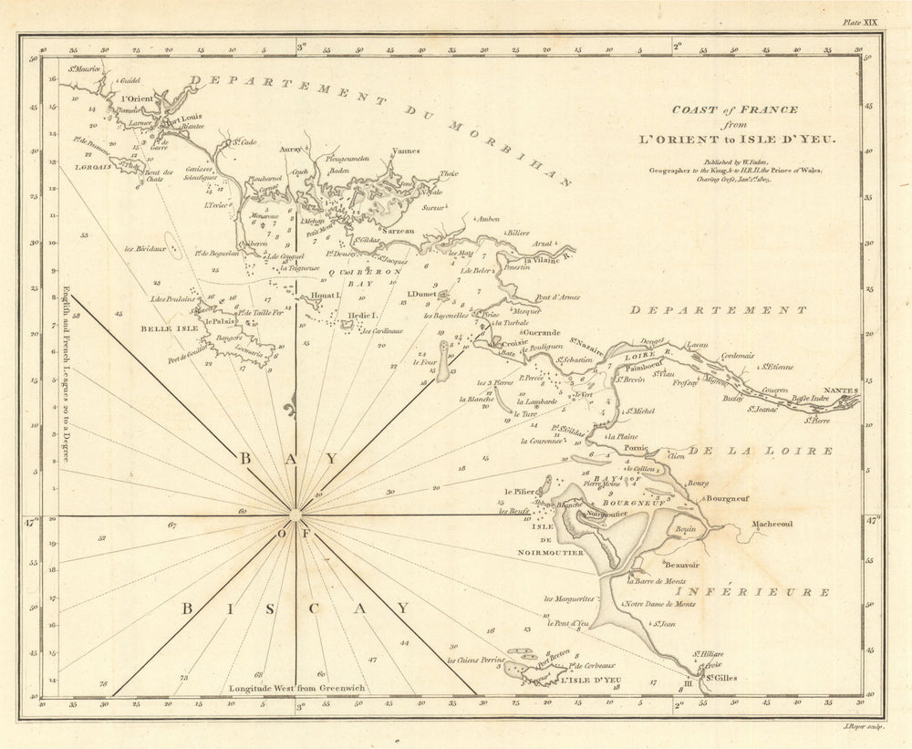 Coast of France—Lorient to Isle d’Yeu. Belle-Île Morbihan Loire. Faden 1805 map