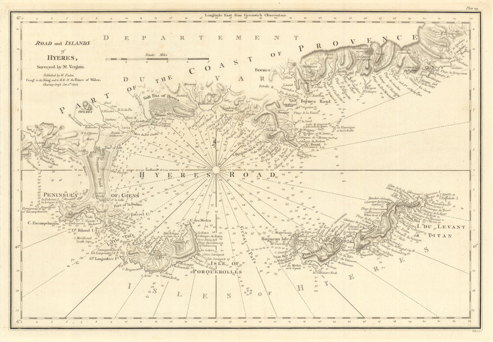 Road & Islands of Hyères by William Faden. Giens & Île de Porquerolles 1805 map