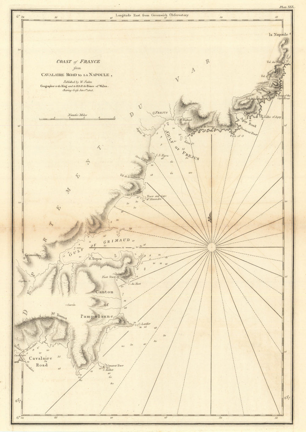 Coast of France — Cavalaire Road to La Napoule. Saint-Tropez Var. Faden 1805 map