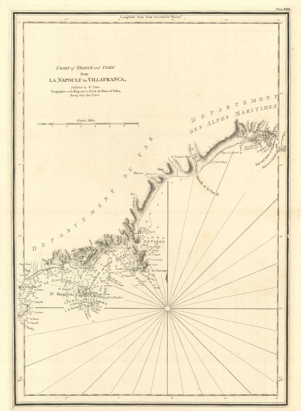 Coast of France…La Napoule to Villefranche. Nice Antibes Cannes. Faden 1805 map