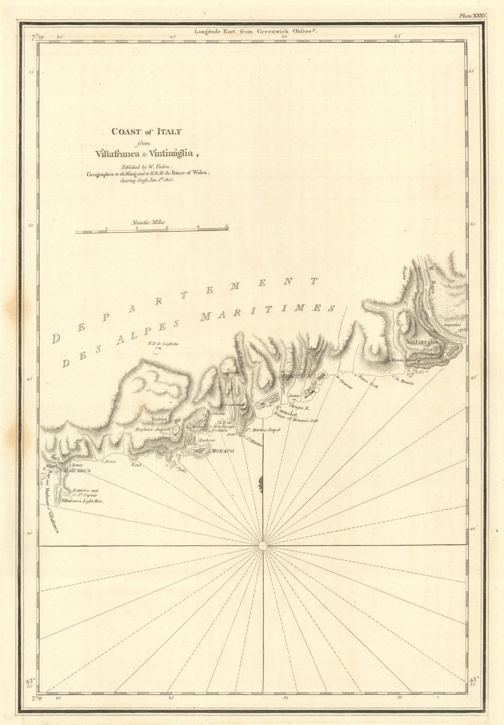 Coast of Italy — Villefranche to Ventimiglia. Monaco Cap-Ferrat. Faden 1805 map