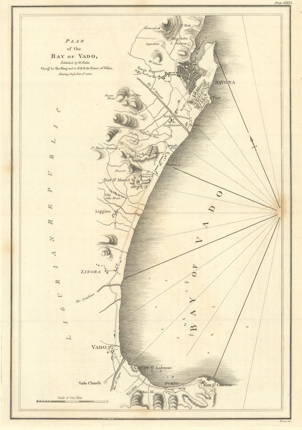 Plan of the Bay of Vado by William Faden. Savona, Liguria sea chart 1805 map