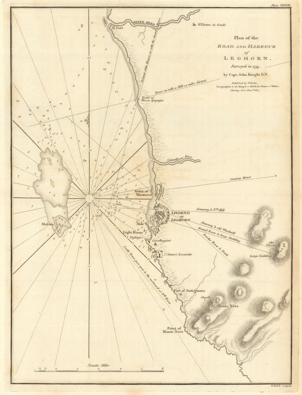 Plan of the Road and Harbour of Leghorn by William Faden. Livorno 1805 old map