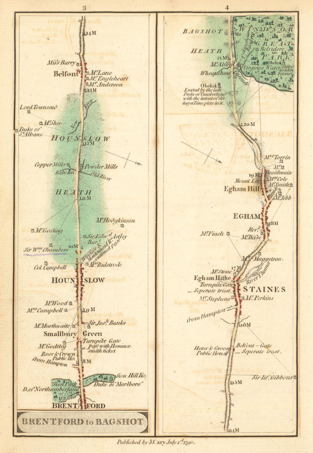 Brentford—Hounslow—Bedfont—Staines—Egham—Virginia Water. Cary road map 1790