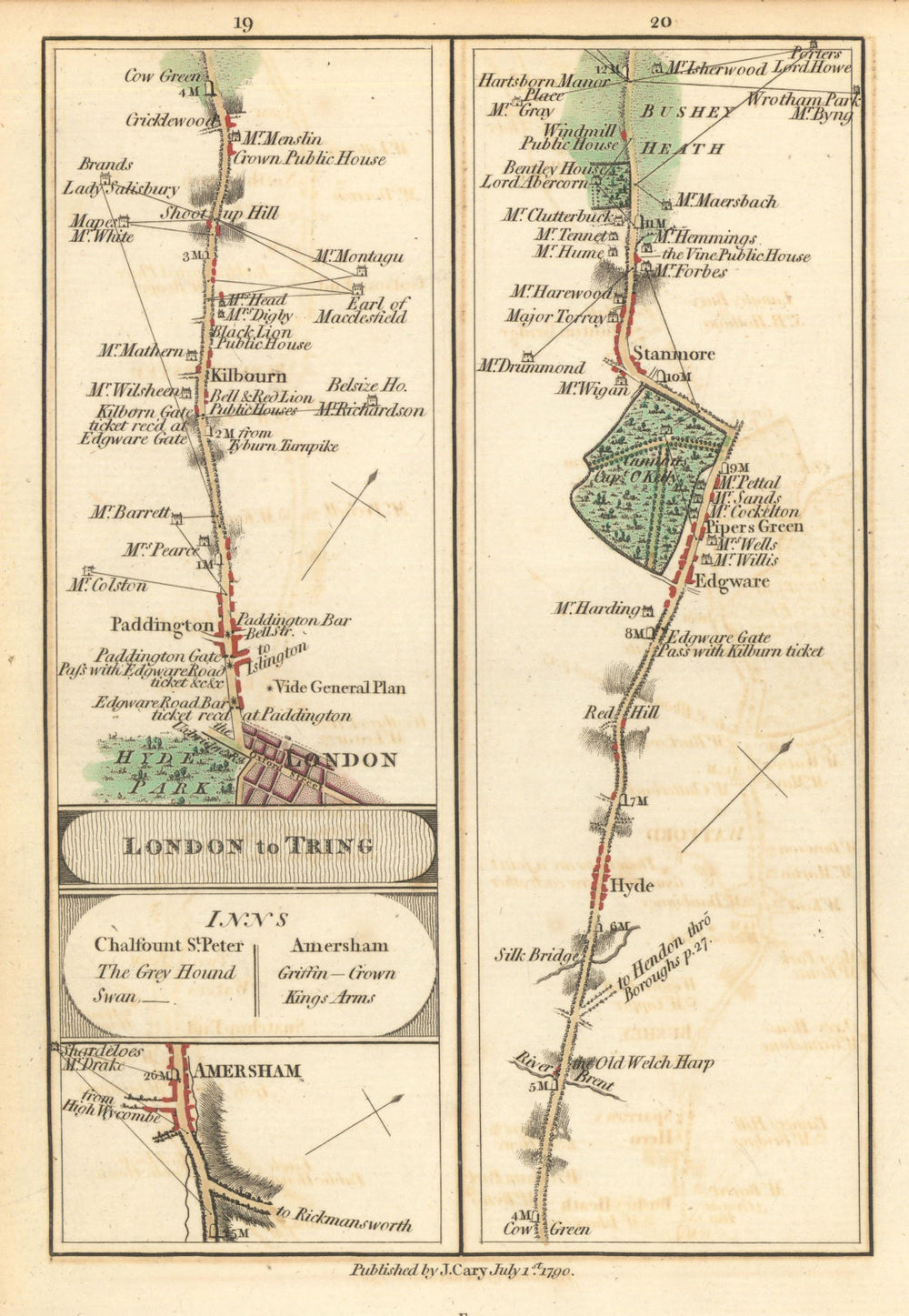 London—Paddington—Kilburn—Cricklewood—Edgware—Stanmore. Cary road map 1790