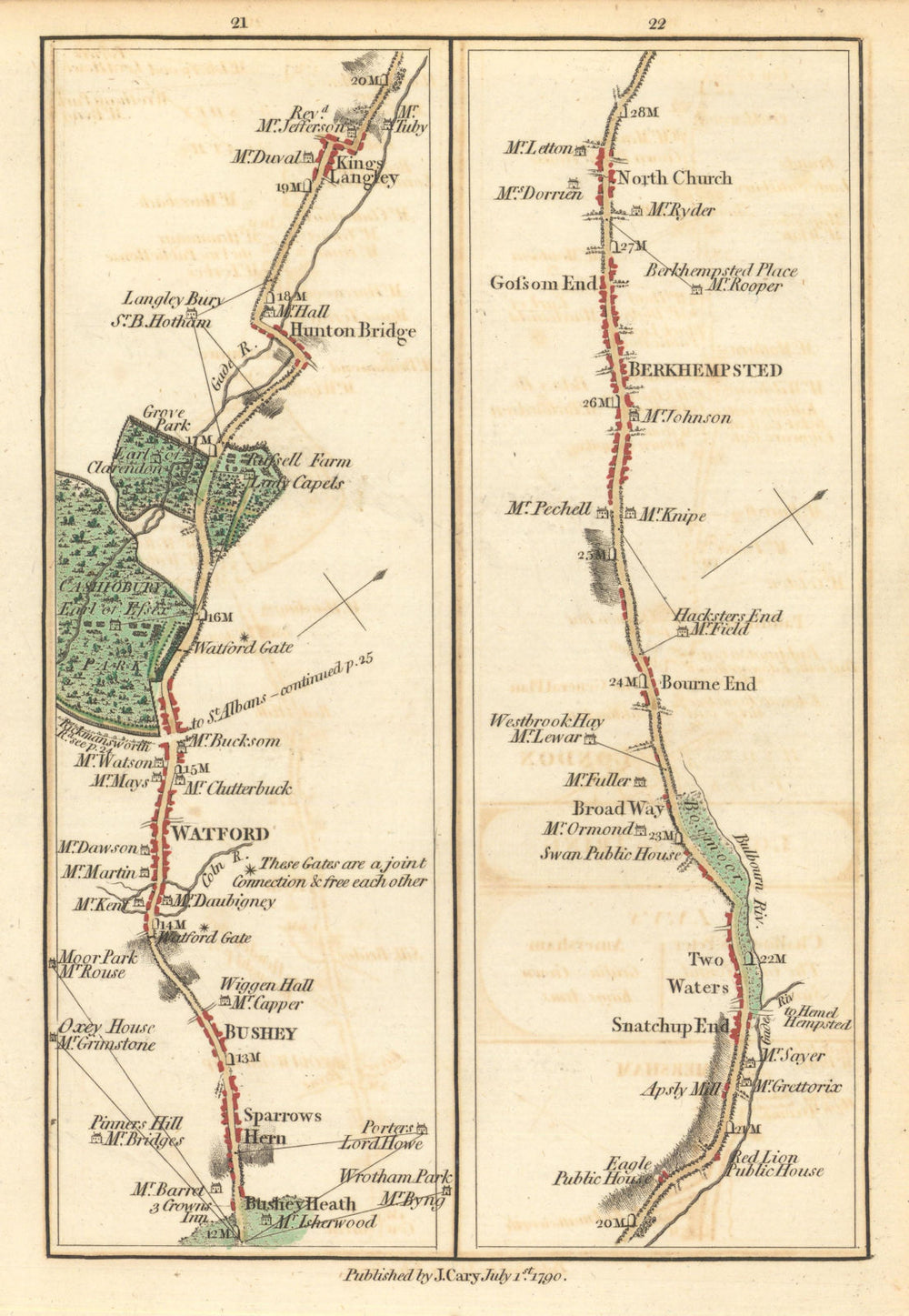 Bushey—Watford—King's Langley—Berkhampstead. John Cary road strip map 1790