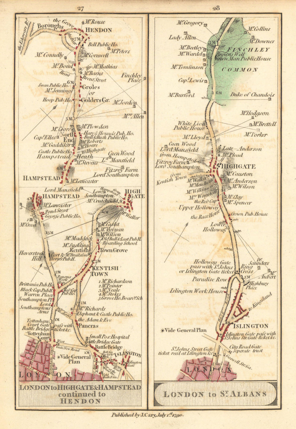 Islington—Kentish Town—Highgate—Hampstead—Hendon/Finchley Cary road map 1790